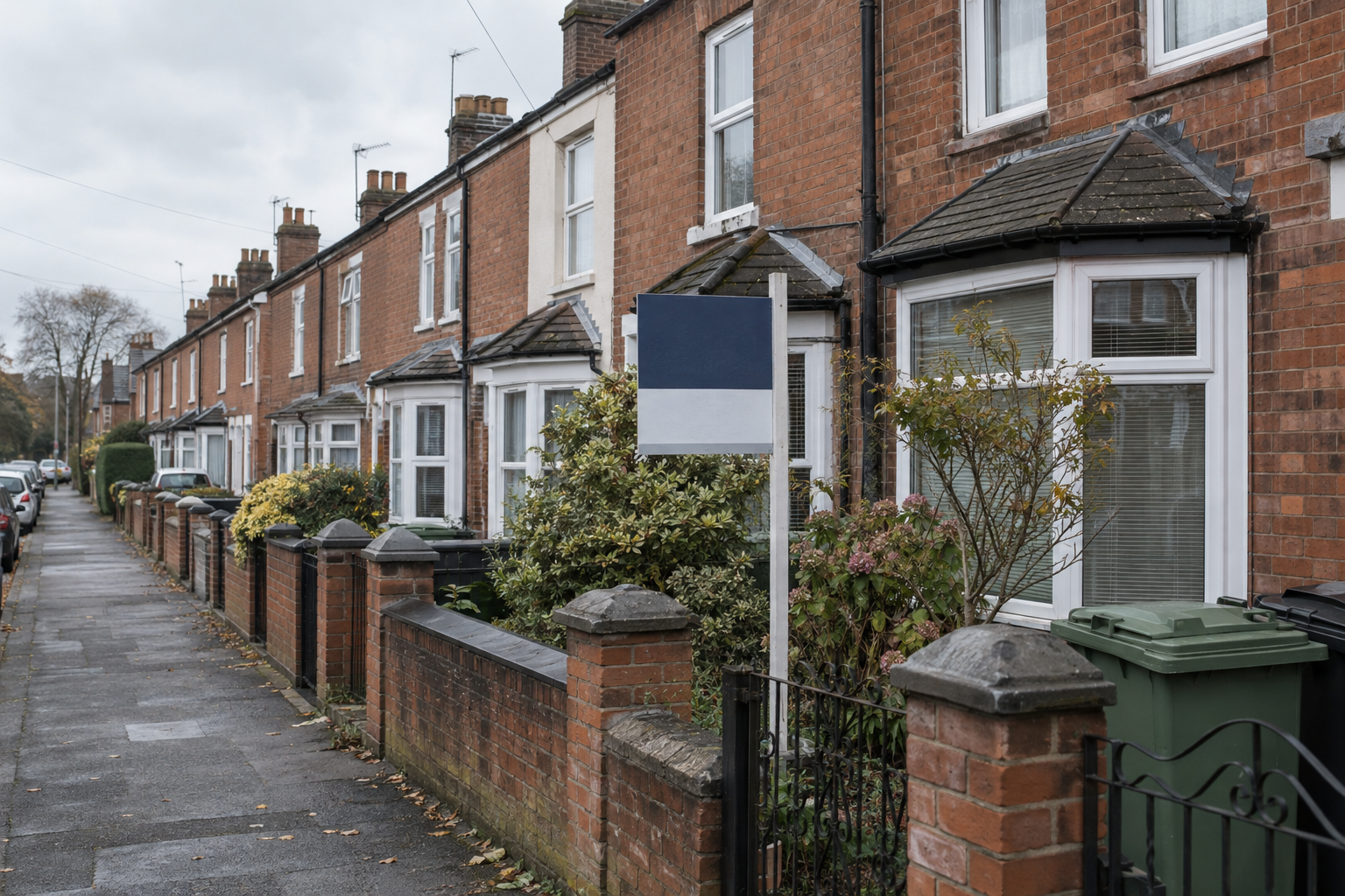 Red-brick terraced houses with small front gardens in a British town, illustrating the mortgage rates story.